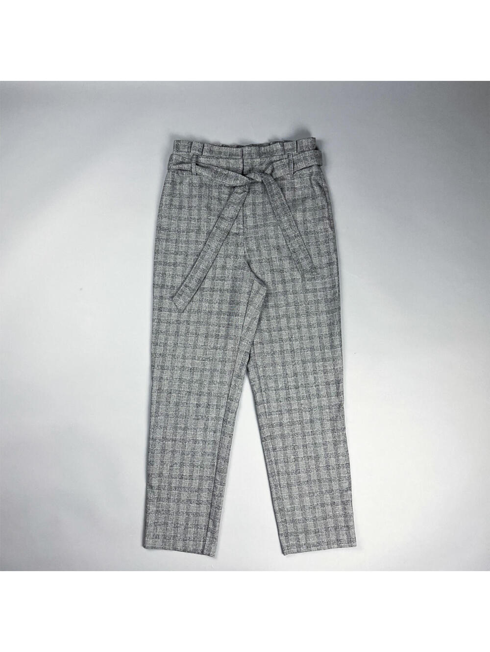 Y2K Women's Trousers. Gray Checkered Belted Paper Bag Style